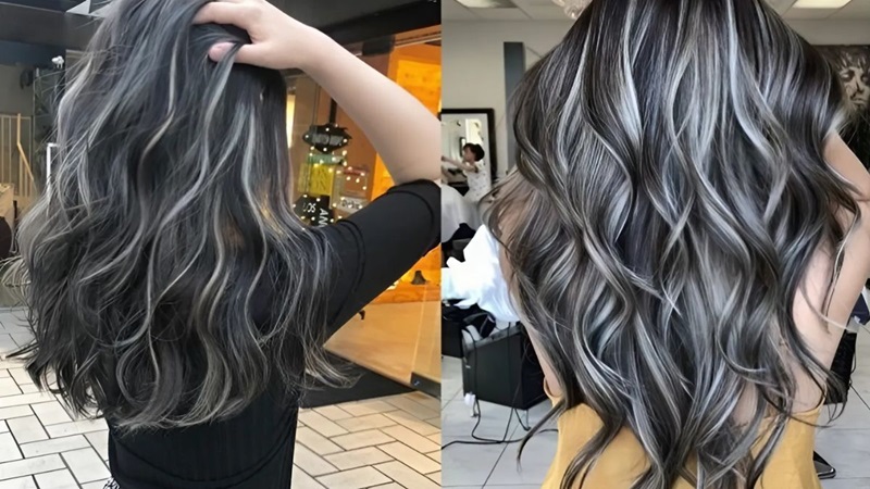 Sắc xám khói thời thượng tạo hiệu ứng 3D chiều sâu hoàn hảo cho mái tóc đen.